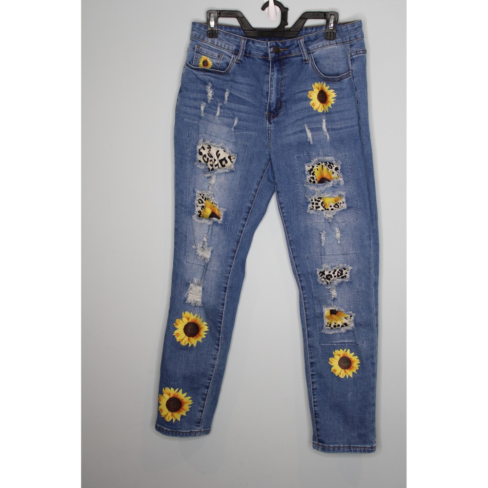 Sunflower Distressed Leopard Patch‎ Medium Wash Denim Jeans Womens Large